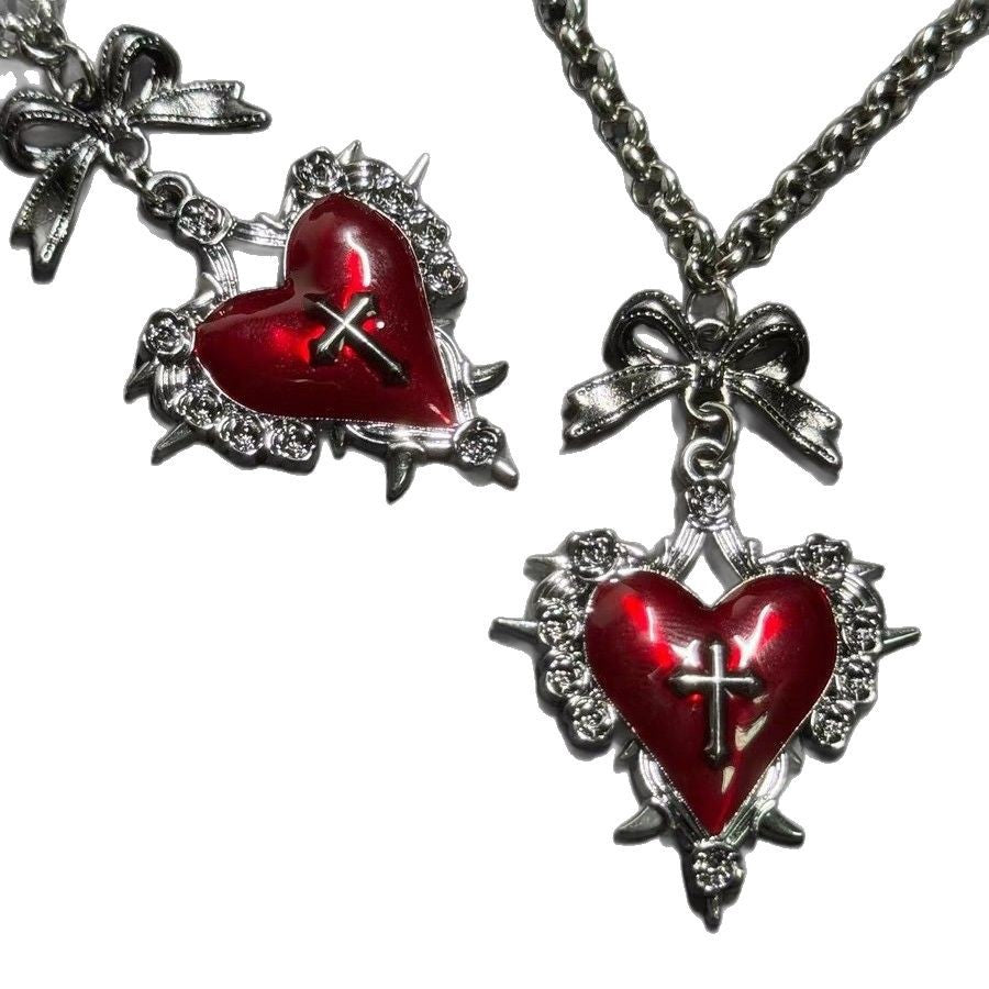 Red And Black Heart-shaped Bow Tie Cross Metal Necklace