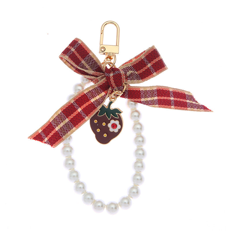 Woven Plaid Bow Strawberry Cherry Pearl Chain Keychain - Cute AirPods Case Pendant Bag Charm Accessory