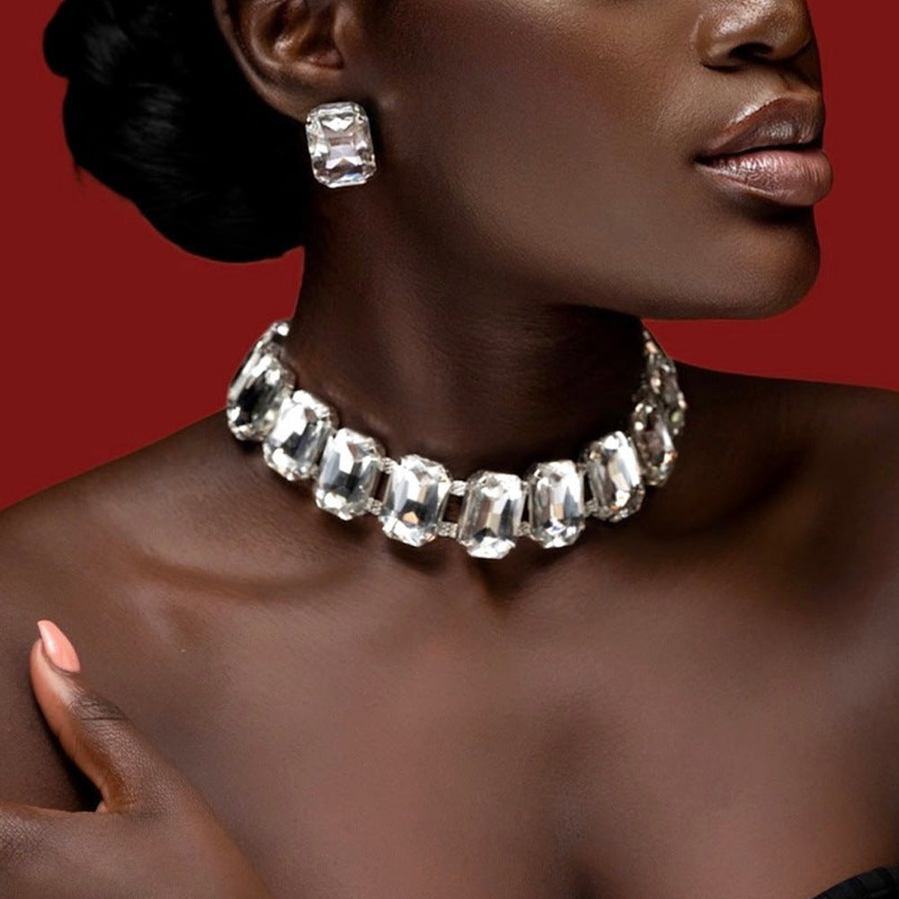 Light Luxury Geometric Crystal Necklace Suit Square Exaggerated Earrings Jewelry Set Decorations