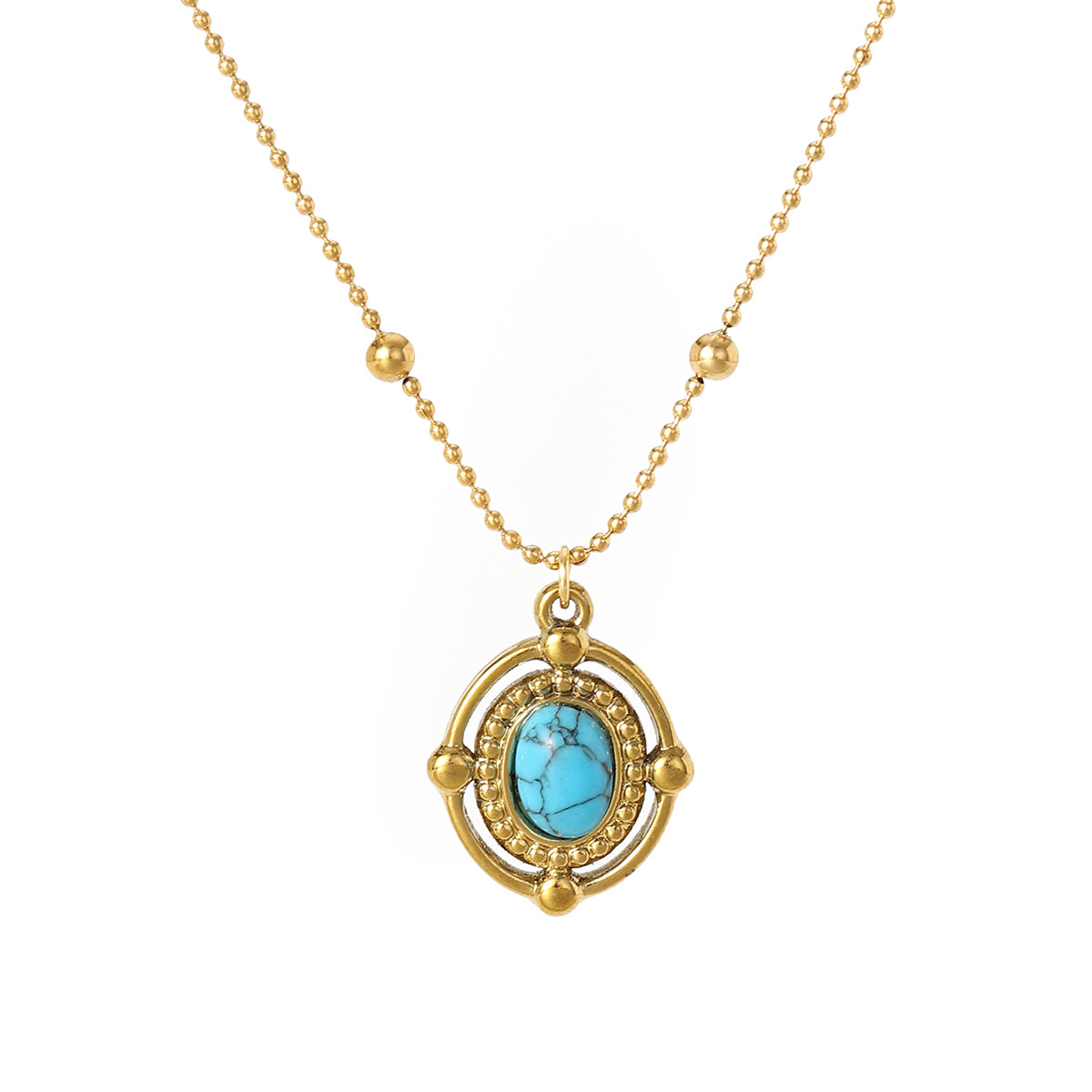 Gold Plated Stainless Steel Vintage Oval Gemstone Pendant Necklace For Women, Beaded Ball Chain Multi-color Stone Boho Statement Necklace Jewelry Gift
