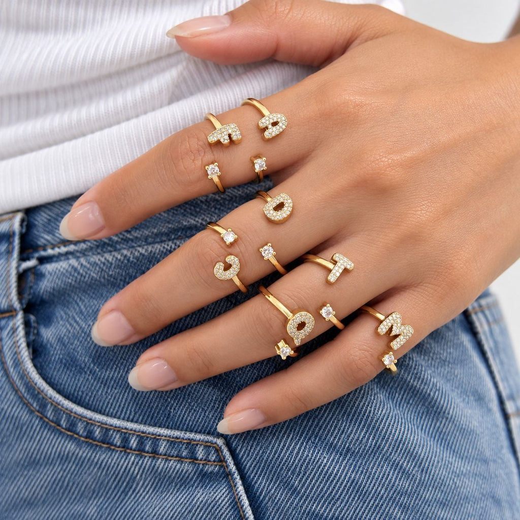New Arrival Paved Zircon 26 Letters Alphabet Ring, Elegant Fashion High-End Adjustable Open Ring