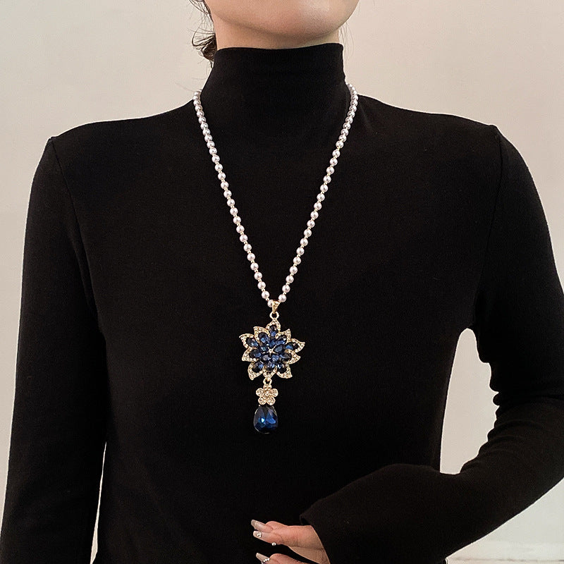 Korean Style Versatile Fashion Flower Sweater Chain Autumn And Winter Accessories Long Necklace Women's High-End Cat's Eye Pendant Camellia