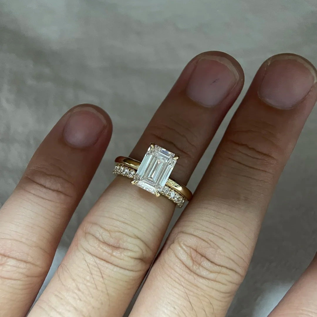 French Vintage Radiant Cut High Carbon Diamond Pigeon Egg Ring, Light Luxury Ice Flower Cut Stackable Ring Set, Women Engagement Finger Band