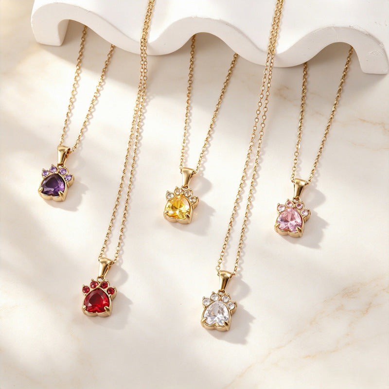 18K Gold-plated Cartoon Cat Claw Pendant Necklace With Colorful Heart-shaped Zircon Stones