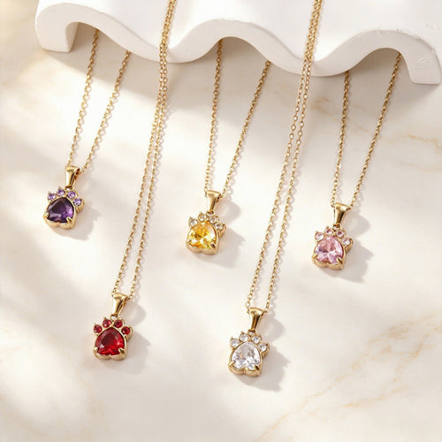 18K Gold-plated Cartoon Cat Claw Pendant Necklace With Colorful Heart-shaped Zircon Stones