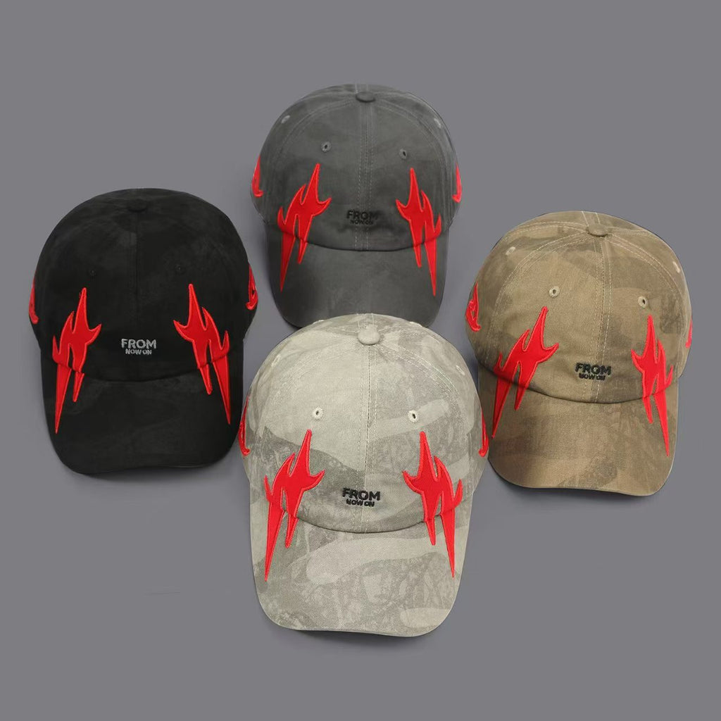 American-style Street Flame Embroidery Texture Baseball Cap, Men's And Women's Version, Washed And Aged Soft Top Brimmed Fedora Style Beanie, Suitable For Outdoor Use And Casual Wear