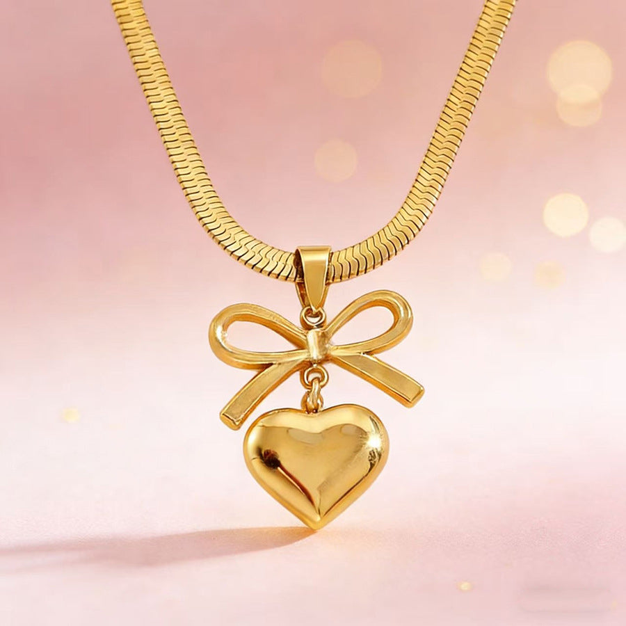 Women Bowknot 3D Puffy Heart Jewelry Set Snake Chain Necklace & Stud Earrings 2Pcs Gold Silver Tone Stainless Steel Romantic Valentine Gift Jewelry