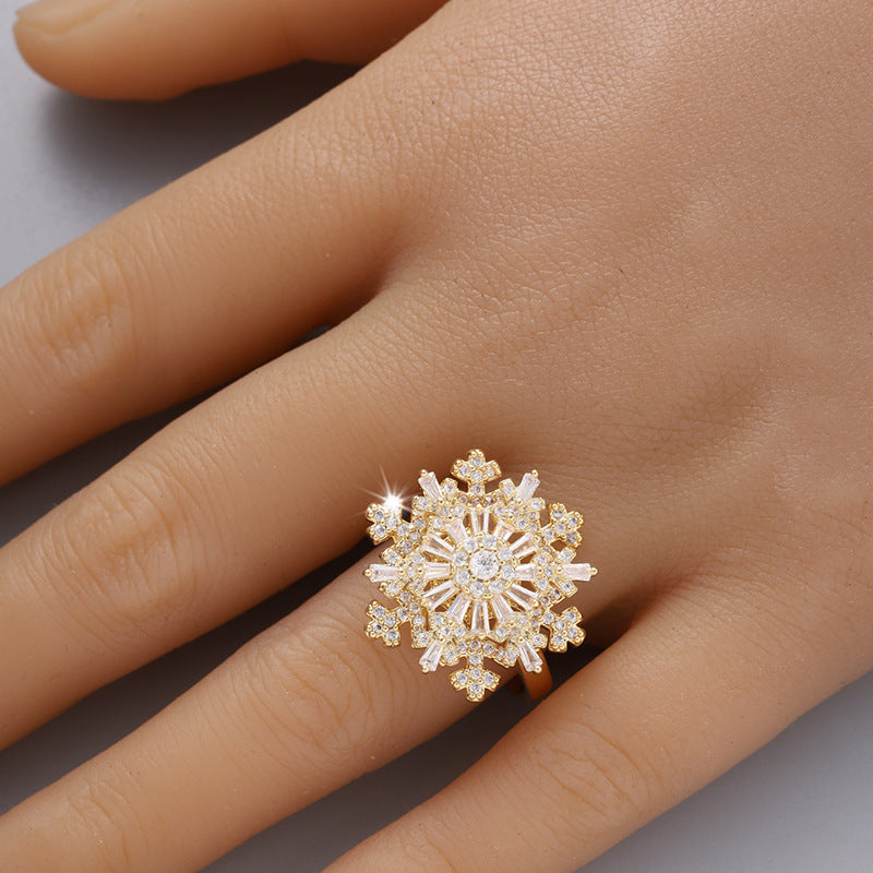 Korean Style Fashion New Snowflake Double-layer Rotatable Open Ring Female Ins Style Texture Adjustable Ring Fashion