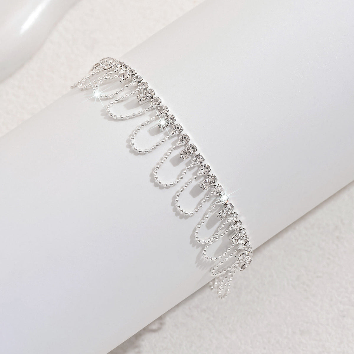 New Foreign Trade Style Sweet Round Bead Lace Anklet, Fashionable Women's Silver Rhinestone Geometric Anklet, Casual Vacation Style