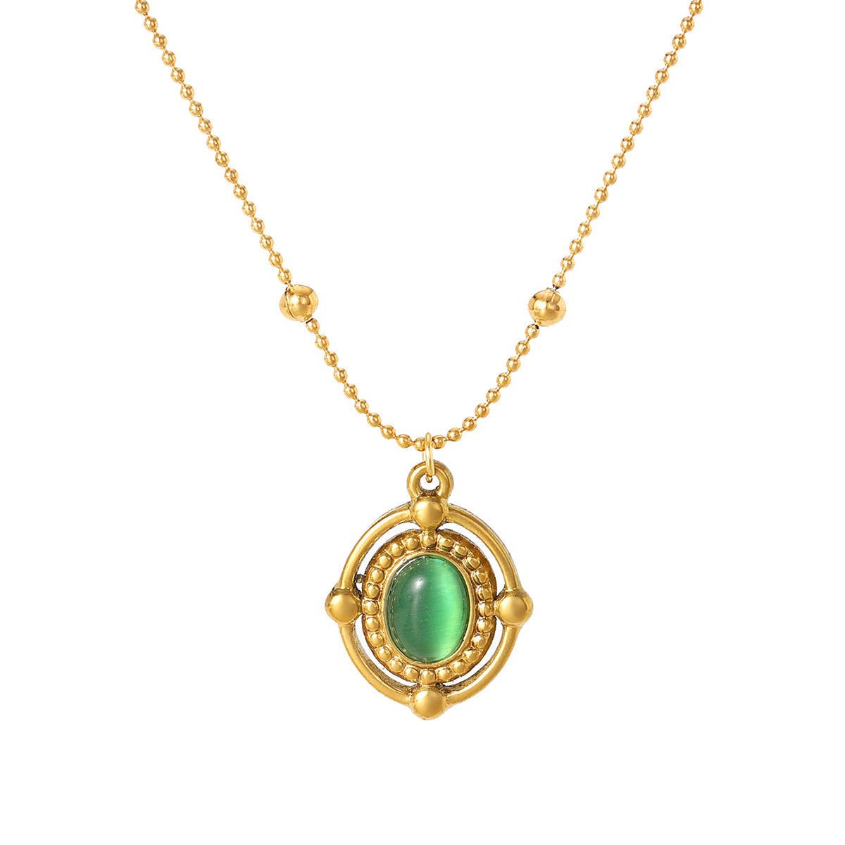Gold Plated Stainless Steel Vintage Oval Gemstone Pendant Necklace For Women, Beaded Ball Chain Multi-color Stone Boho Statement Necklace Jewelry Gift
