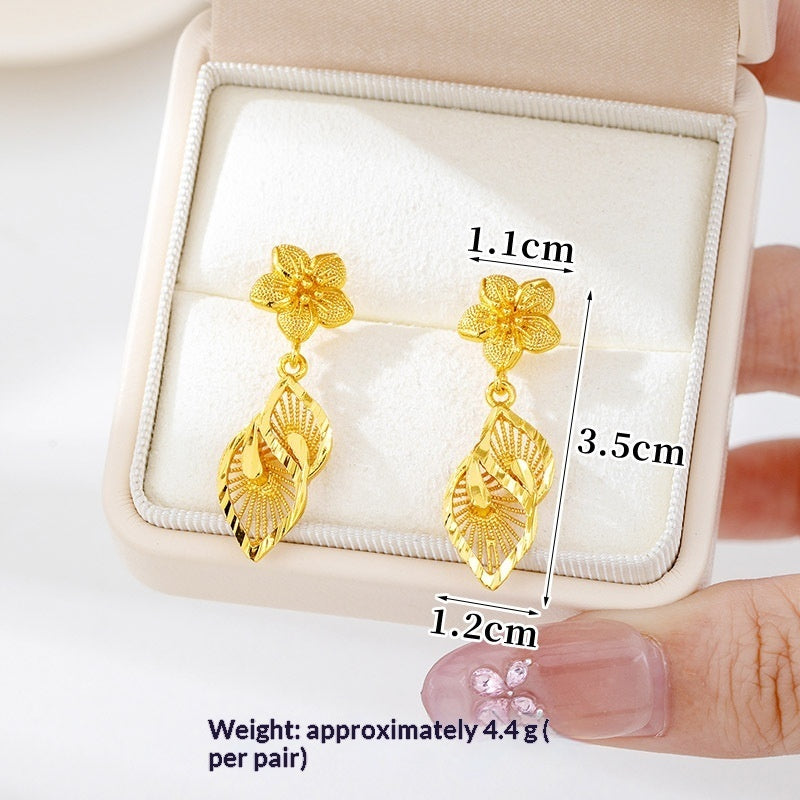 Vietnamese Sand Gold Copper Plated Filigree Flower Leaf Design Hoop Earrings