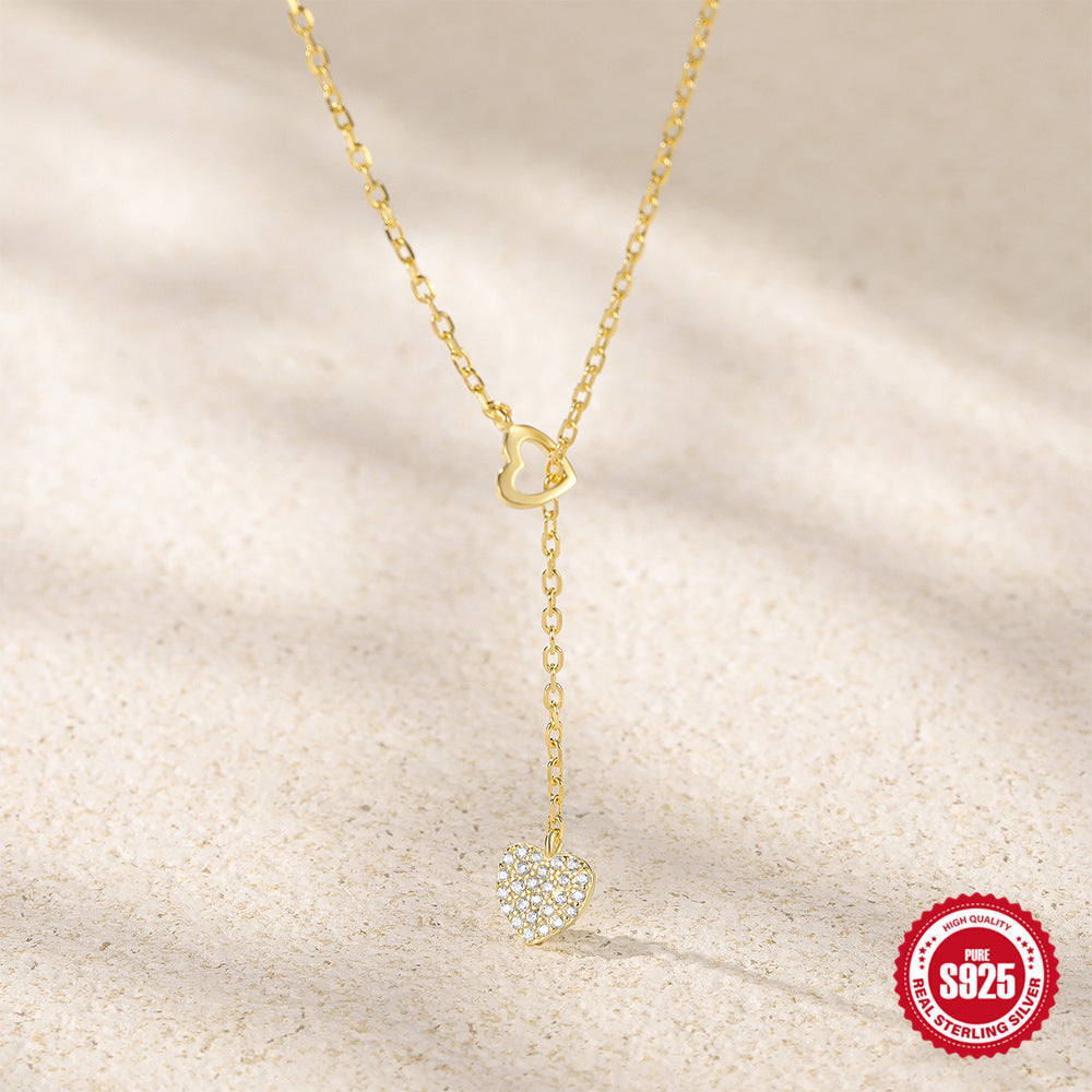 Fashionable And Minimalist S925 Sterling Silver Y-shaped Necklace With Double Hearts And Diamond Accents For Women