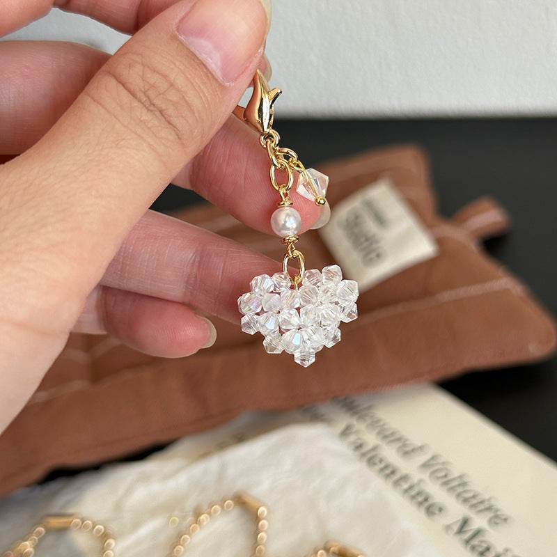 Love-shaped Imitation Crystal And Pearl Purse Charm With Zipper Pull For Womens Bags