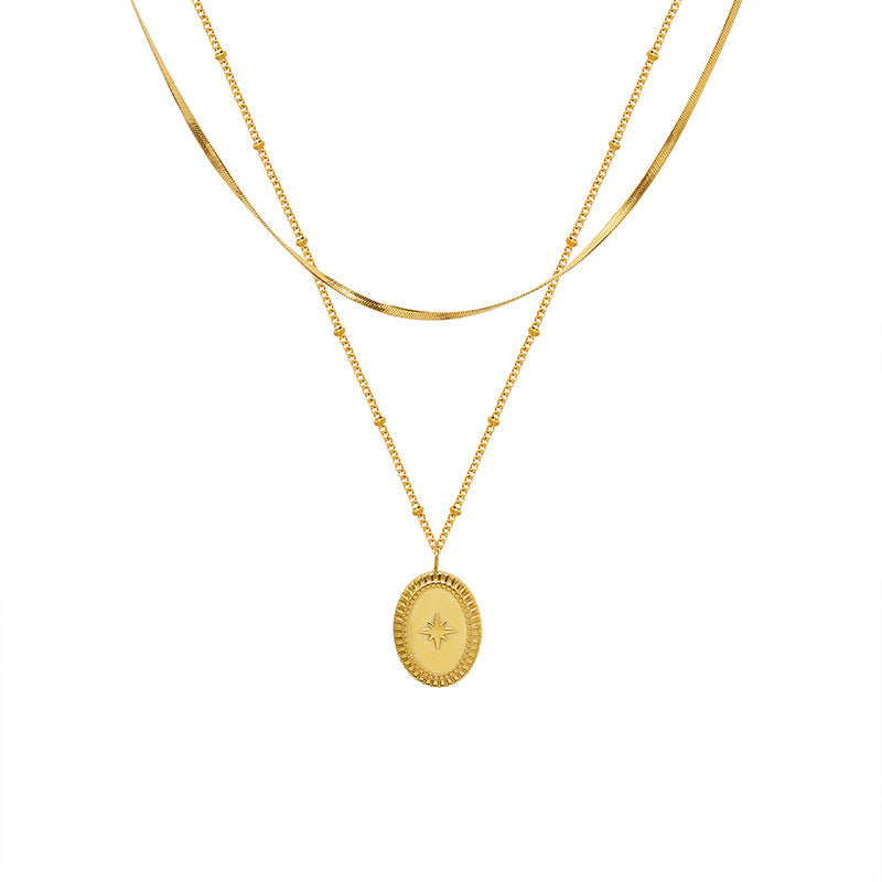 Autumn And Winter Korean Edition Oval Lace Double Layer Eight Mang Star Pendant Necklace Titanium Steel Plated 18K Gold Jewelry