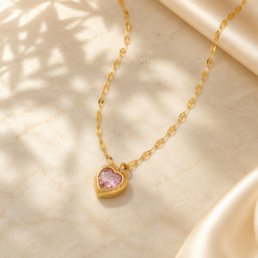 Gold Plated Stainless Steel Heart Zircon Pendant Necklace For Women, Dainty Lip Chain Colorful Heart Crystal Choker, Minimalist Love Jewelry Gift