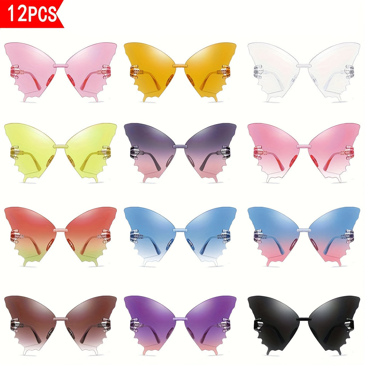 12 Pcs Rimless Butterfly Shaped Sunglasses Gradient Lens Eyewear Fancy Cut Out Frame Lightweight Structure Suitable For Theme Parties, Holiday Events, Beach Travel And Daily Fashion Outfit Matching.