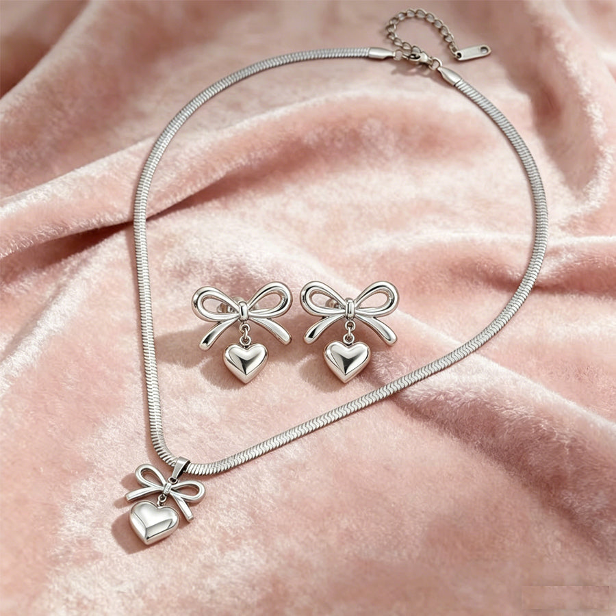 Women Bowknot 3D Puffy Heart Jewelry Set Snake Chain Necklace & Stud Earrings 2Pcs Gold Silver Tone Stainless Steel Romantic Valentine Gift Jewelry