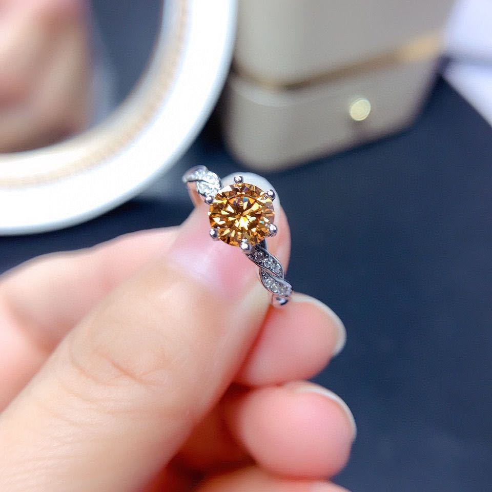 Women 8 Hearts 8 Arrows Champagne Moissanite Open Ring, Full Pave Iced Out Adjustable Simulated Diamond Ring