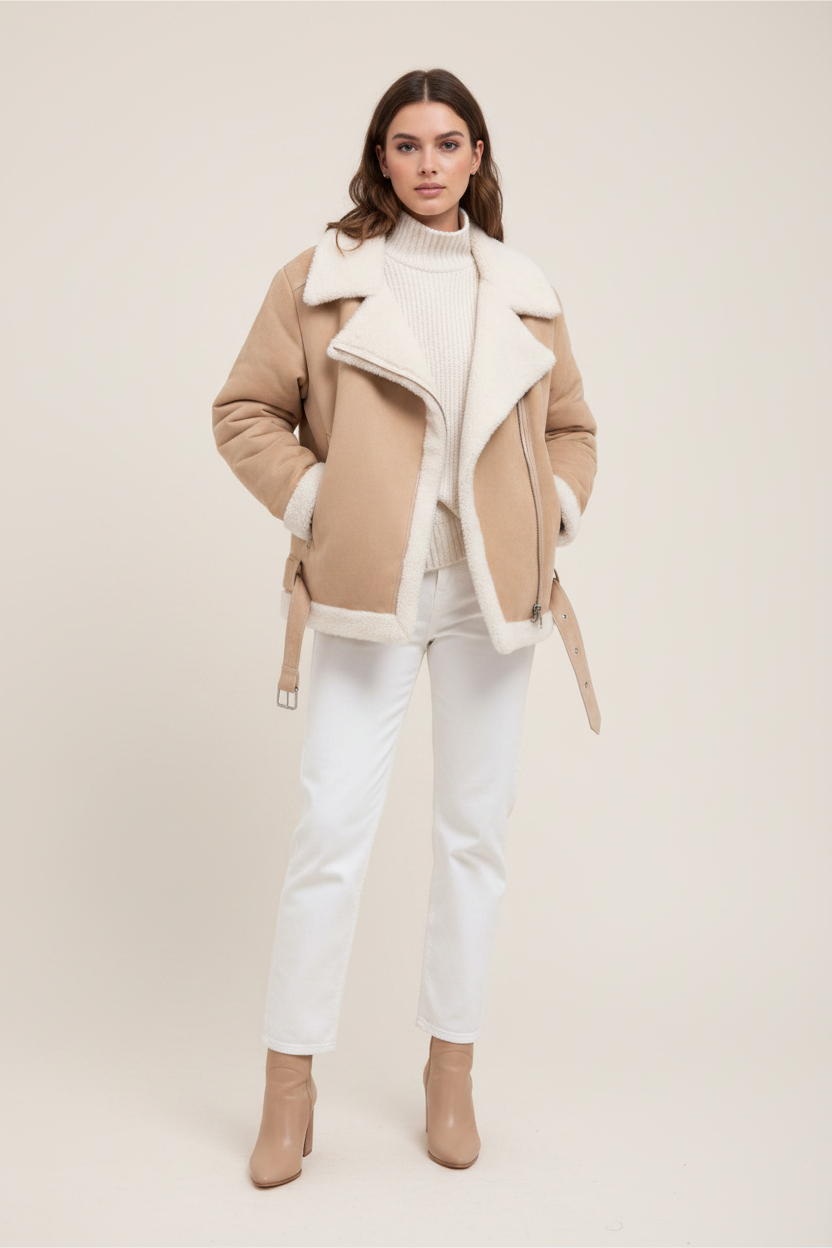 Daniel Jack Beige Suede Oversized Shearling Moto Jacket