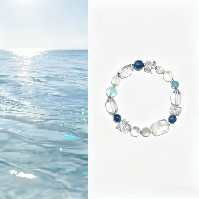 Natural Clear Quartz  Blue Apatite Bracelet Aquamarine Two Tone Beaded Chain Water Element Energy Jewelry For Women