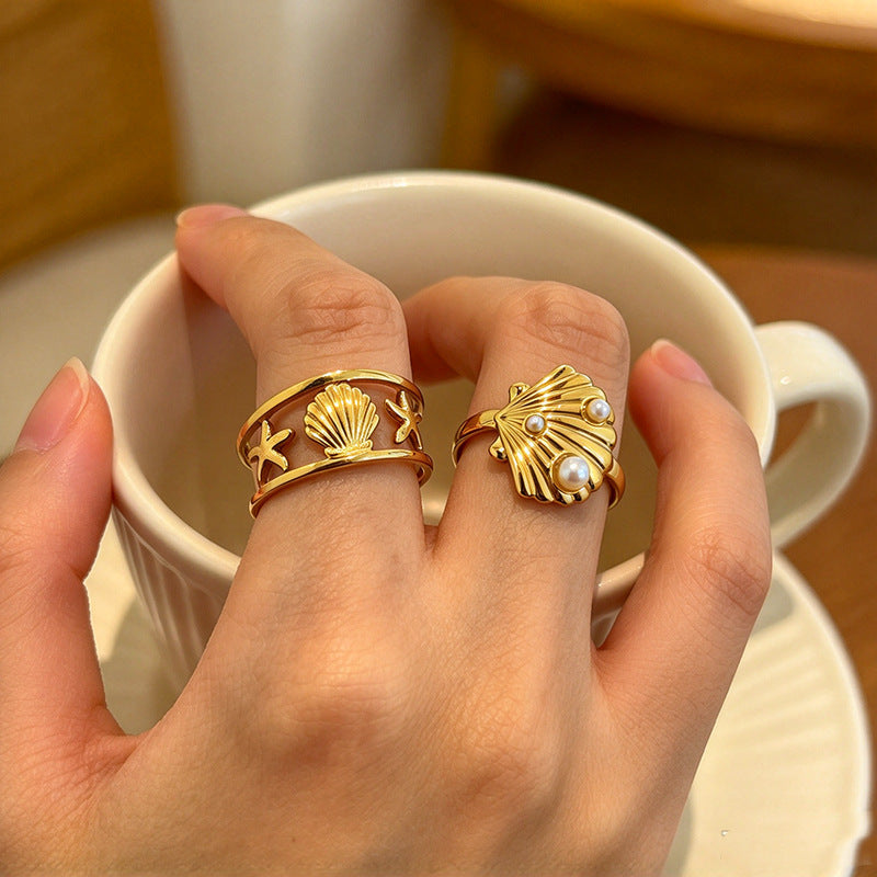 18K Gold Plated Titanium Steel Open Ring For Women, Ocean Style Shell Starfish  Pearl Ring, Unique Niche Design Stainless Steel Hand Jewelry