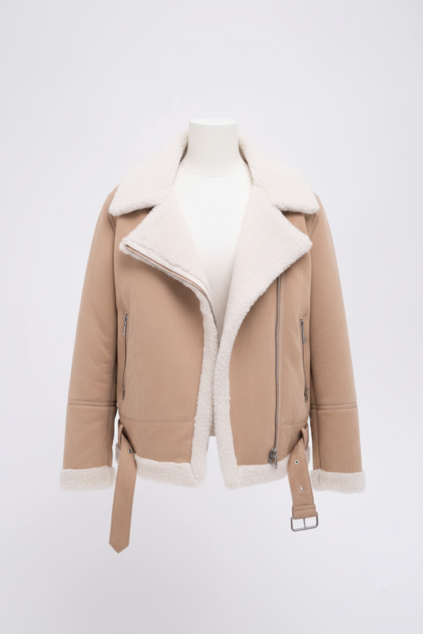 Daniel Jack Beige Suede Oversized Shearling Moto Jacket