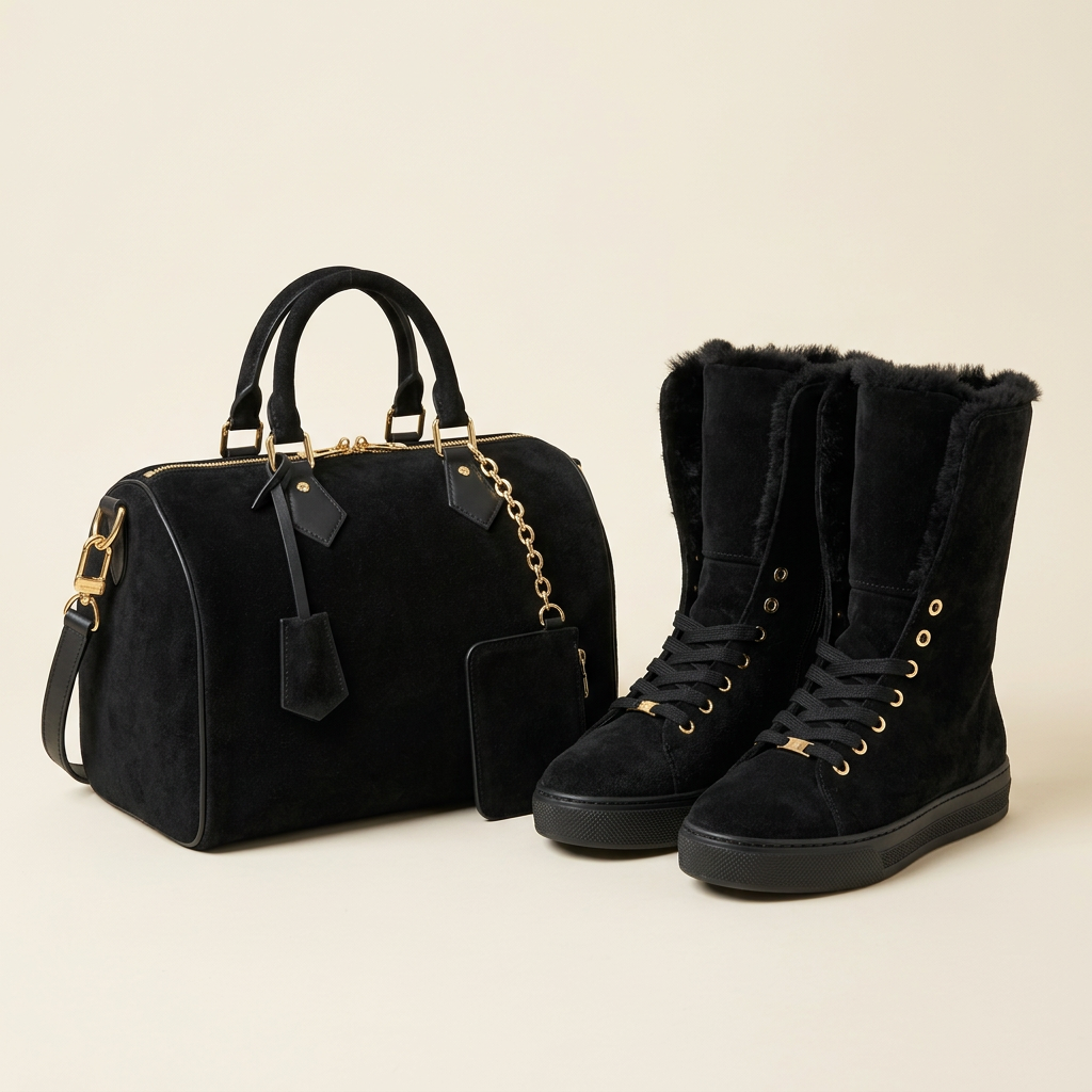 Black boots and matching handbag on an ivory background
