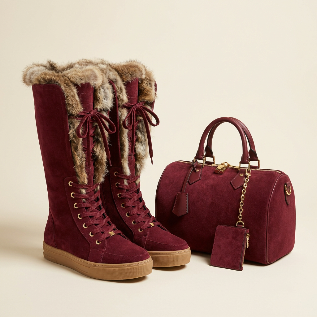 Burgundy boots and matching handbag on an ivory background