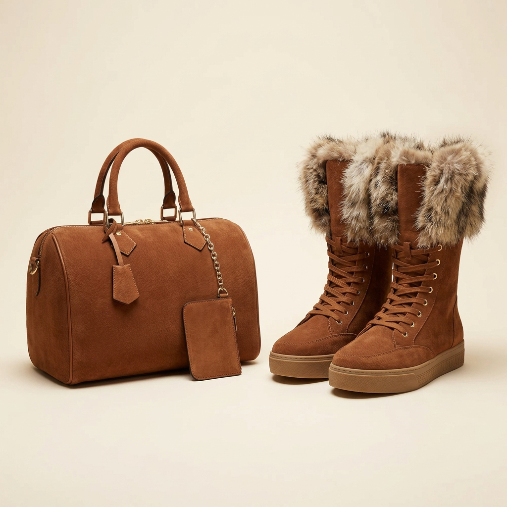 Brown boots and matching handbag on an ivory background