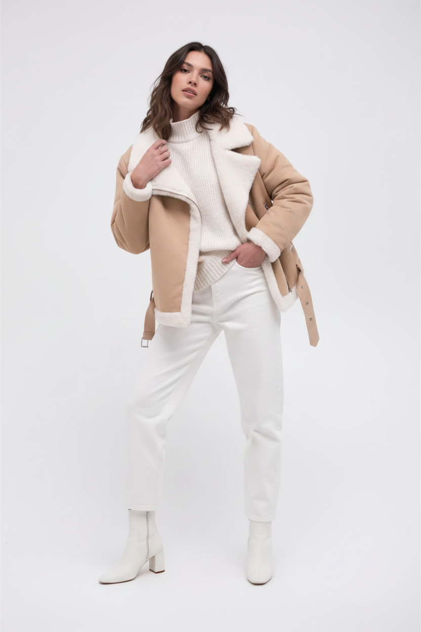 Daniel Jack Beige Suede Oversized Shearling Moto Jacket